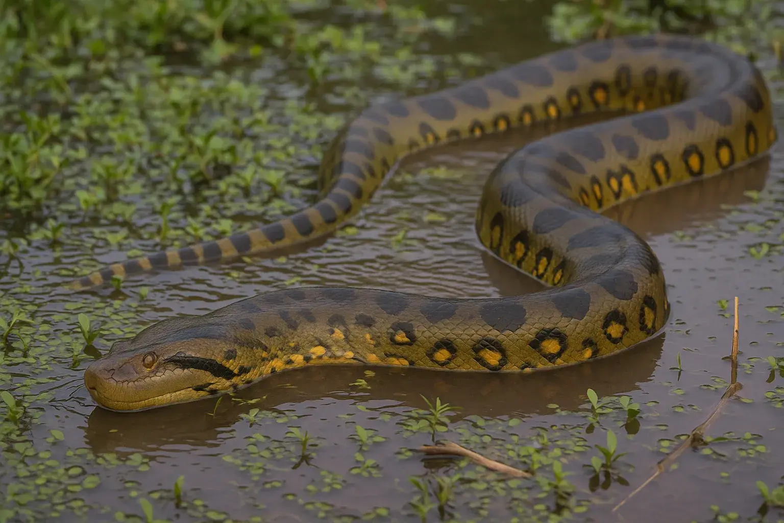 Sucuri gigante parcialmente submersa em rio